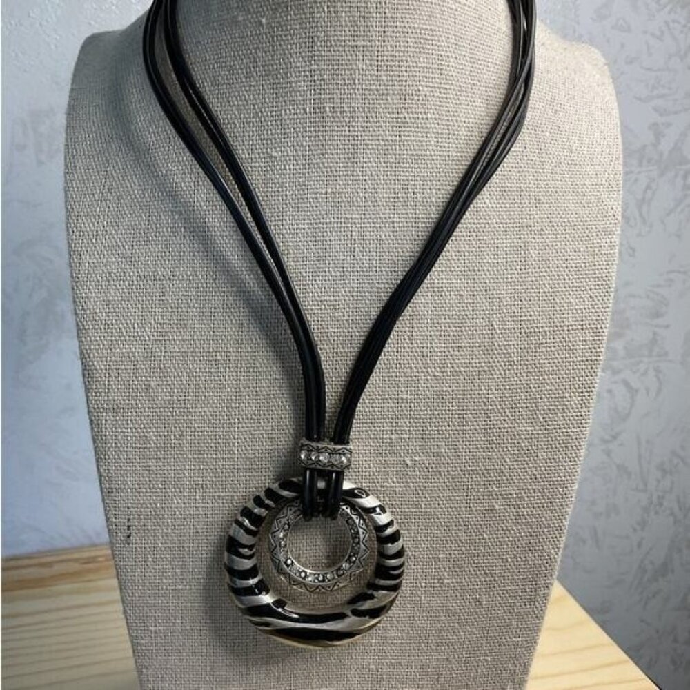 Black Corded Necklace Silver Tone Zebra Printed Pendant Clear Rhinestones